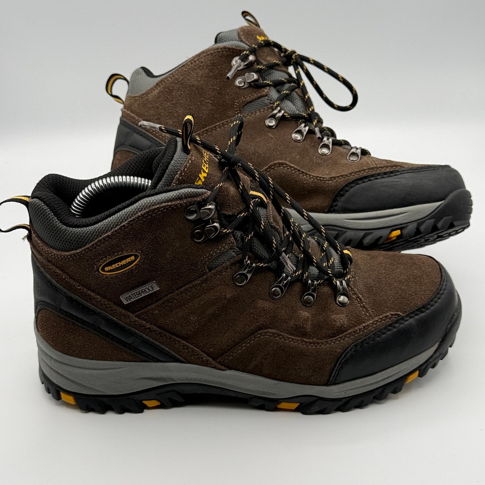 Skechers Hiking Boots Men 9 Brown Waterproof Suede Mid Top Trail Lug Sole